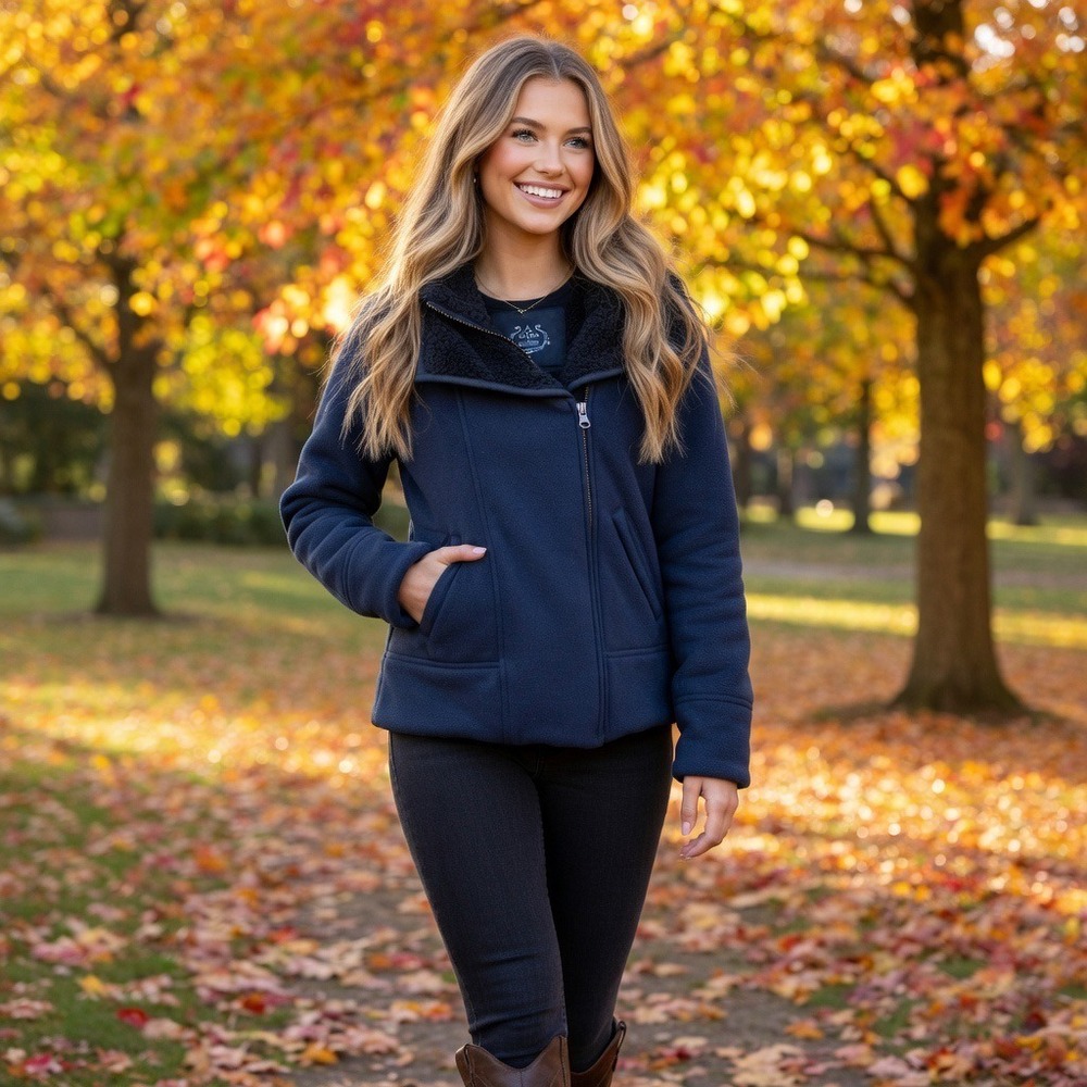 Prana Womens Navy Blue Fleece Asymmetrical Zip‎ Jacket Faux Fur Collar Small